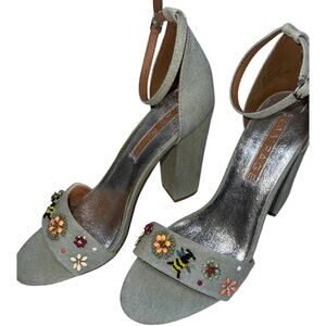 Y2K Rampage Denim Jean Stacked Heel Shoe Womens 9.5 Embellished Beaded Bejeweled